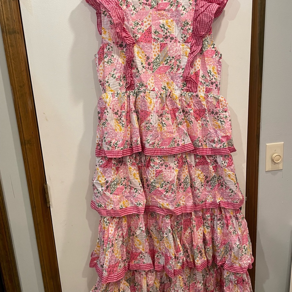 Simply Southern Pink Floral Ruffled Maxi Dress Cotton Size XL patchwork - Picture 4 of 5